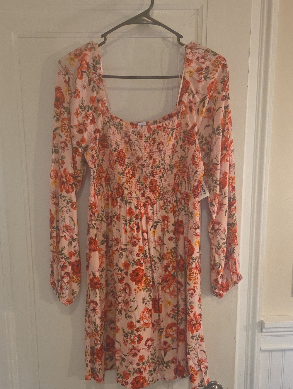 Old Navy Pink Floral Smocked Long-Sleeve Mini Dress